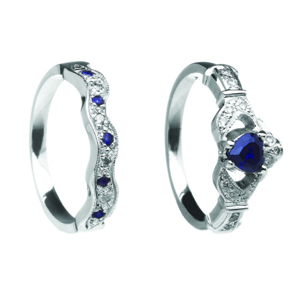 Blue Sapphire And Diamond Claddagh Bridal Set -